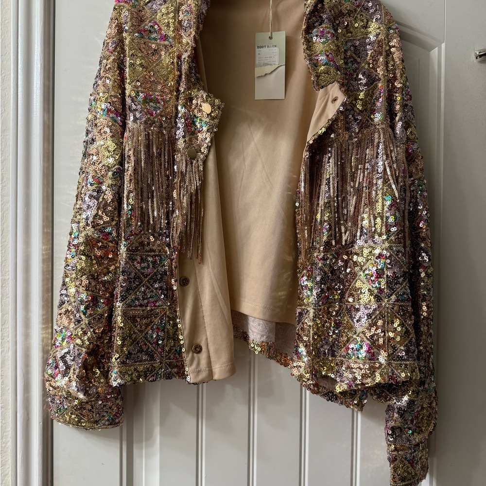 Miss Me Gold Sequin Fringe Jacket